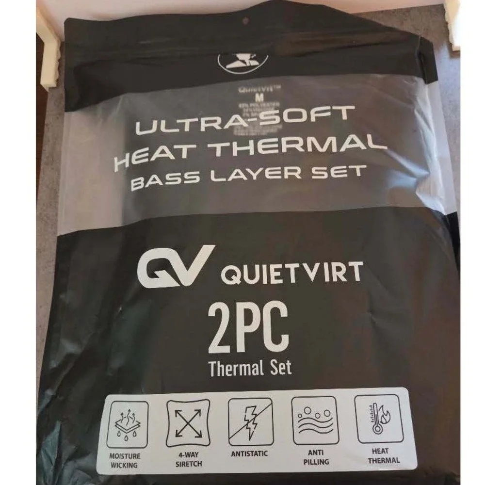QuietVirt Mens Ultra-Soft Heat Thermal Base Layer Set 2PC Black Medium